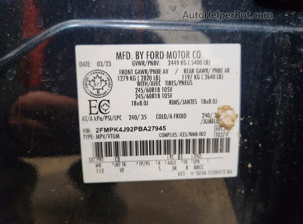 2FMPK4J92PBA27945 2023 FORD EDGE Charcoal Vista interior de 360 grados