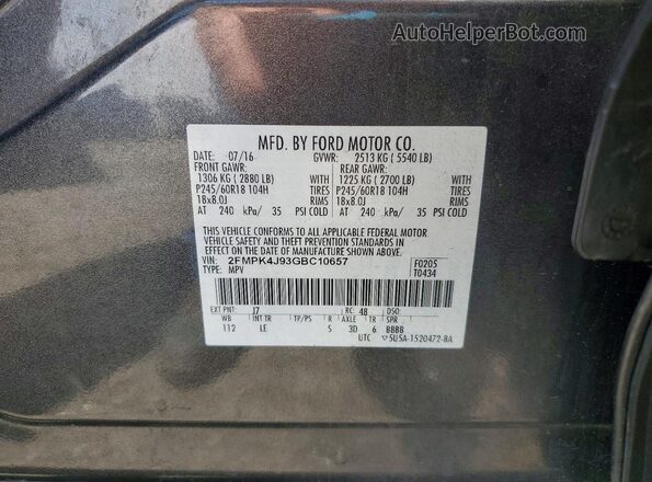 2FMPK4J93GBC10657 2016 FORD EDGE Gray Widok naklejki z numerem VIN