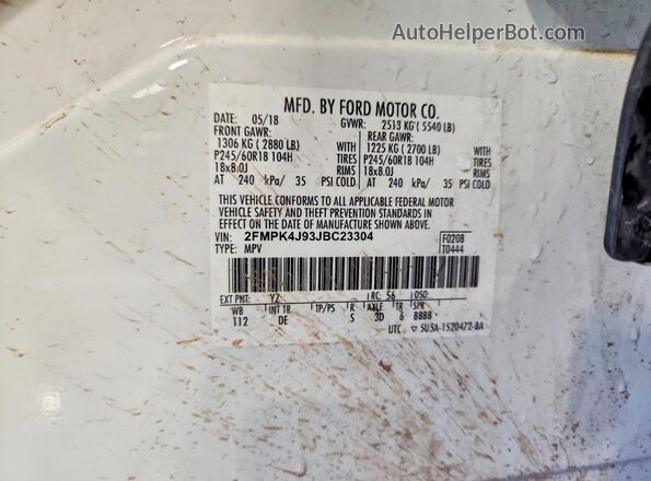 2FMPK4J93JBC23304 2018 FORD EDGE White Widok wnętrza 360 stopni