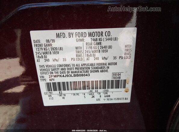 2FMPK4J93LBB08043 2020 FORD EDGE Burgundy Engine compartment view