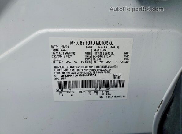 2FMPK4J93MBA43504 2021 FORD EDGE Белый Вид наклейки с VIN-кодом