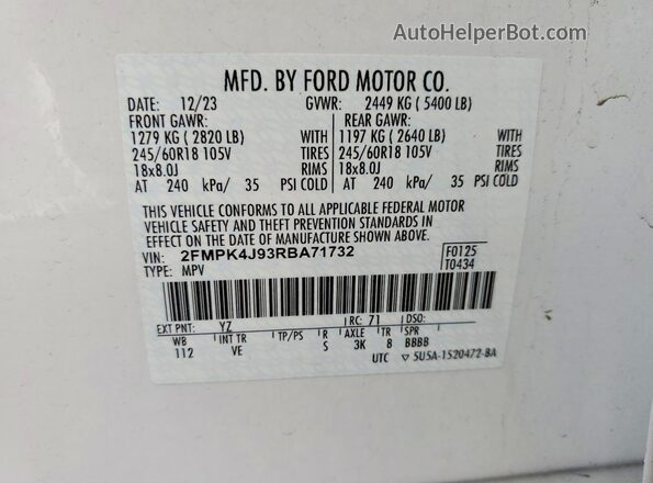 2FMPK4J93RBA71732 2024 FORD EDGE White Вид наклейки з VIN-кодом