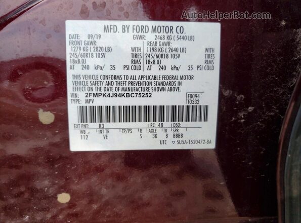 2FMPK4J94KBC75252 2019 FORD EDGE Бордовый Вид подкапотного пространства