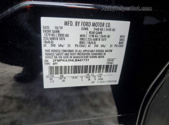 2FMPK4J94LBA01731 2020 FORD EDGE Black VIN კოდის სტიკერის ხედი