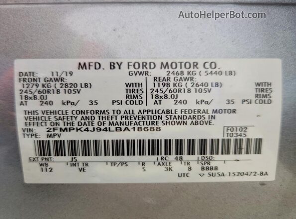 2FMPK4J94LBA18688 2020 FORD EDGE Silver VIN կոդի պիտակի տեսք