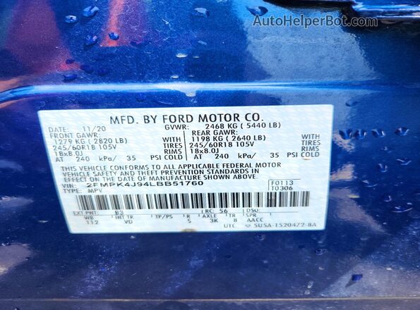 2FMPK4J94LBB51760 2020 FORD EDGE Blue Widok wnętrza 360 stopni