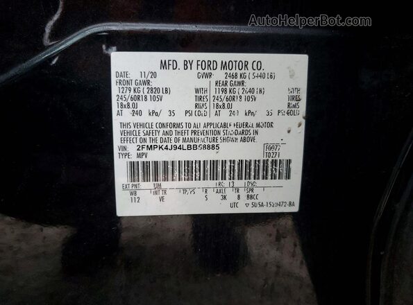 2FMPK4J94LBB58885 2020 FORD EDGE Черный Вид наклейки с VIN-кодом