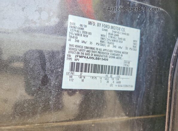 2FMPK4J95LBB13499 2020 FORD EDGE Серый Вид наклейки с VIN-кодом