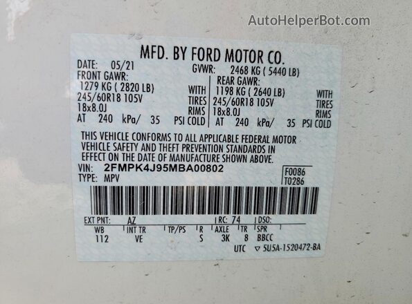 2FMPK4J95MBA00802 2021 FORD EDGE White Vista de la etiqueta del VIN