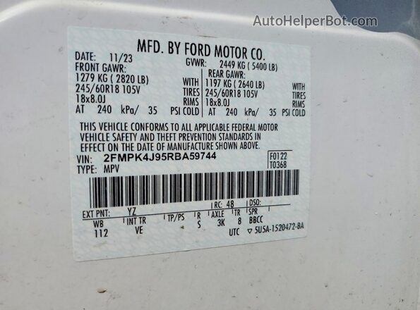 2FMPK4J95RBA59744 2024 FORD EDGE White VIN sticker view