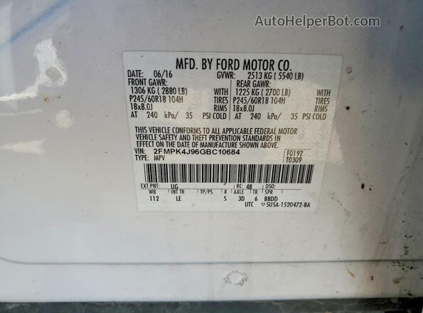 2FMPK4J96GBC10684 2016 FORD EDGE Белый Вид подкапотного пространства
