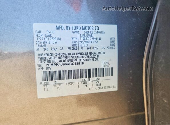 2FMPK4J96KBC18518 2019 FORD EDGE Желто-коричневый Вид наклейки с VIN-кодом