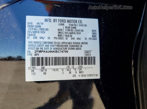 2FMPK4J96KBC74796 2019 FORD EDGE Black Vista de la etiqueta del VIN