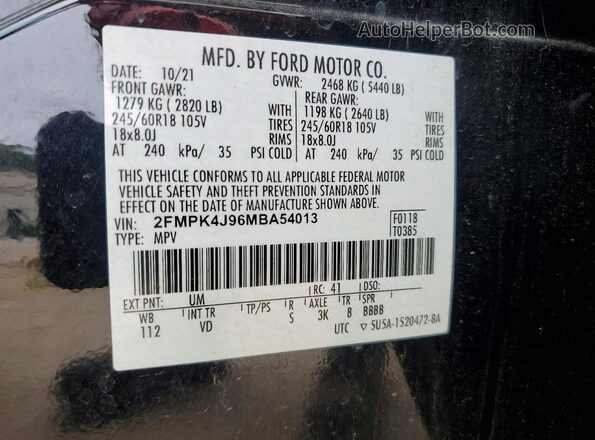 2FMPK4J96MBA54013 2021 FORD EDGE Black Widok naklejki z numerem VIN