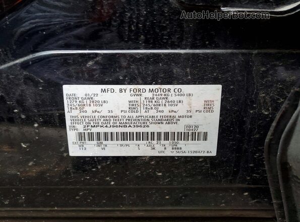 2FMPK4J96NBA39626 2022 FORD EDGE Black Widok naklejki z numerem VIN