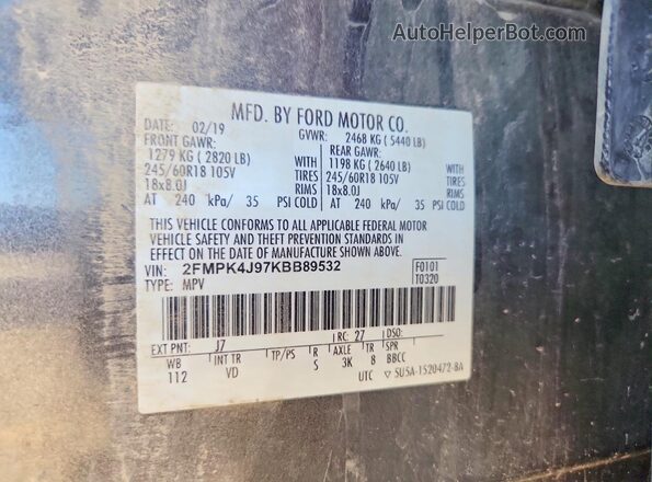 2FMPK4J97KBB89532 2019 FORD EDGE Gray Vista del compartimento del motor