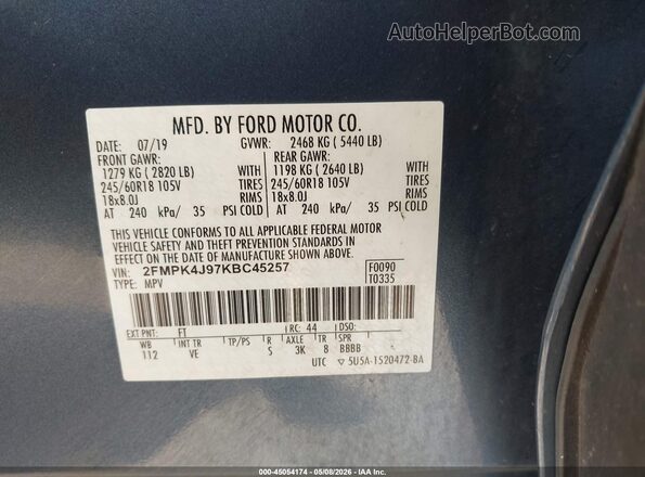 2FMPK4J97KBC45257 2019 FORD EDGE Синий Вид подкапотного пространства