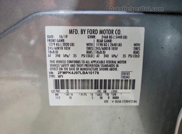 2FMPK4J97LBA10178 2020 FORD EDGE Silver Вид наклейки з VIN-кодом