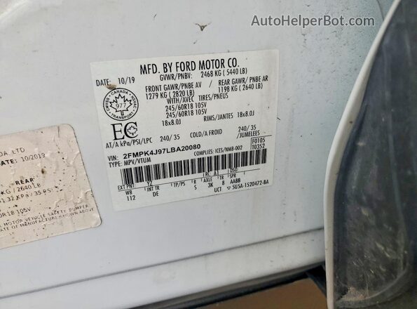2FMPK4J97LBA20080 2020 FORD EDGE White VIN sticker view