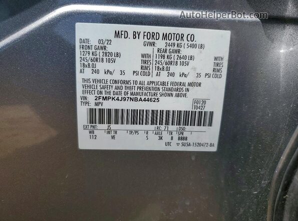2FMPK4J97NBA44625 2022 FORD EDGE Серебряный Вид наклейки с VIN-кодом