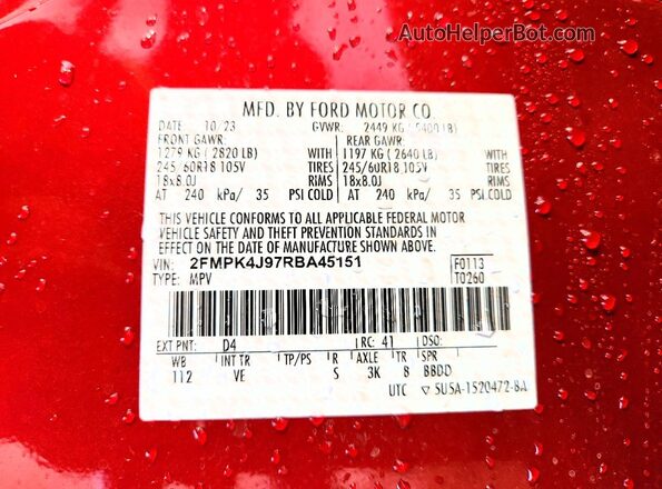 2FMPK4J97RBA45151 2024 FORD EDGE Red Vista interior de 360 grados