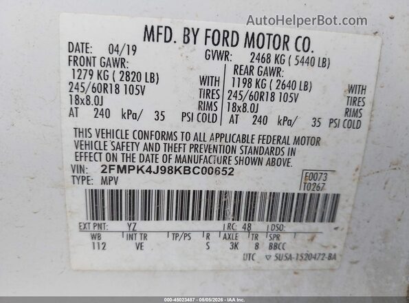 2FMPK4J98KBC00652 2019 FORD EDGE White Engine compartment view