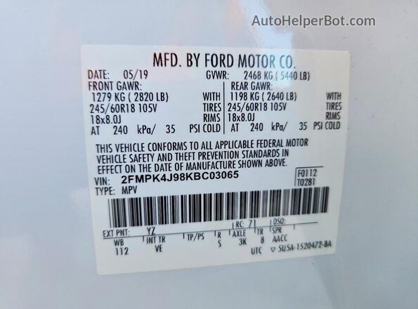 2FMPK4J98KBC03065 2019 FORD EDGE Белый Панорамный вид салона 360°