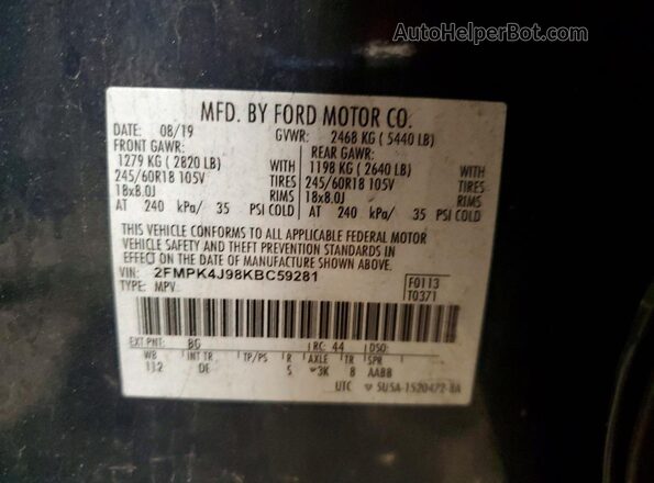 2FMPK4J98KBC59281 2019 FORD EDGE Синий Вид наклейки с VIN-кодом