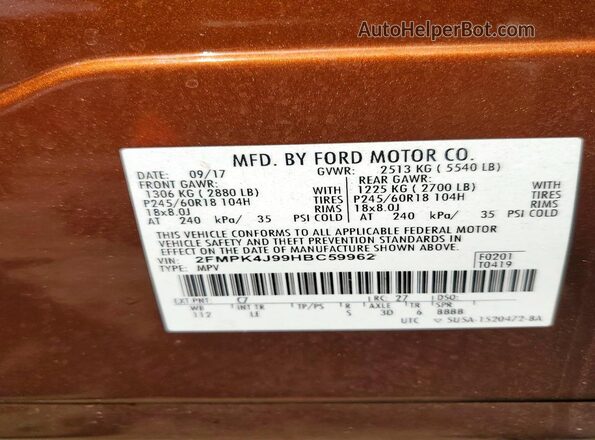 2FMPK4J99HBC59962 2017 FORD EDGE Коричневый Панорамный вид салона 360°