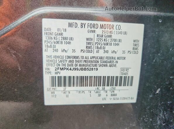 2FMPK4J99JBB52819 2018 FORD EDGE Угольный Панорамный вид салона 360°