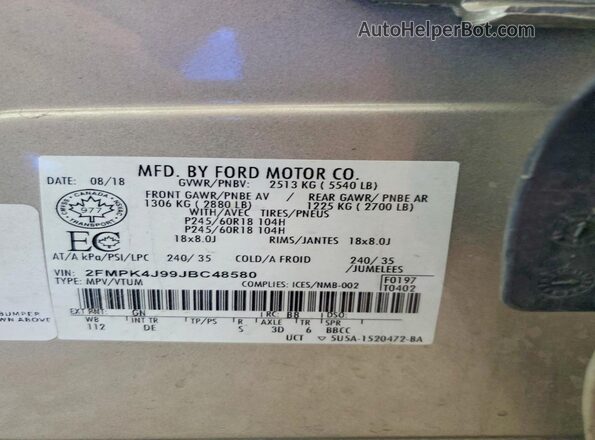 2FMPK4J99JBC48580 2018 FORD EDGE Gold ძრავის განყოფილების ხედი