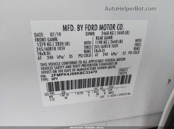 2FMPK4J99KBC33479 2019 FORD EDGE White Widok komory silnika