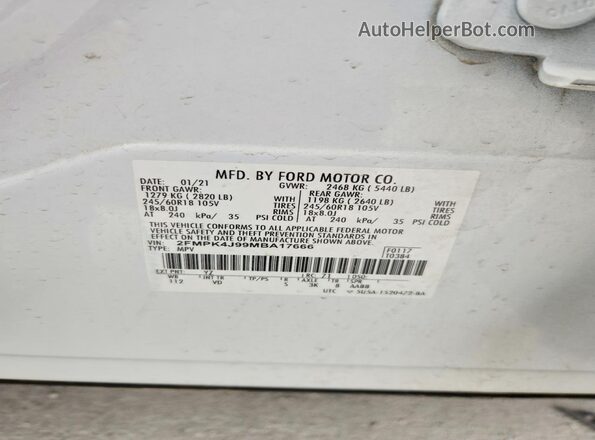 2FMPK4J99MBA17666 2021 FORD EDGE Белый Панорамный вид салона 360°