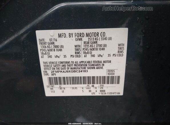 2FMPK4J9XGBC24183 2016 FORD EDGE Blue Вид підкапотного простору