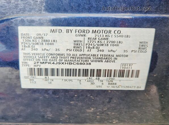 2FMPK4J9XHBC68038 2017 FORD EDGE Синий Вид наклейки с VIN-кодом