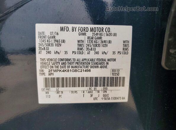 2FMPK4K81GBC21498 2016 FORD EDGE Синий Вид наклейки с VIN-кодом