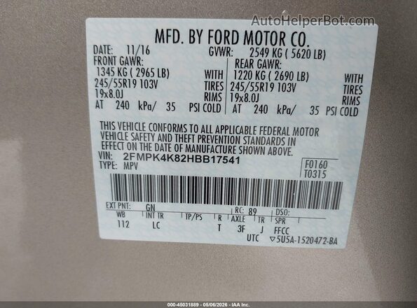2FMPK4K82HBB17541 2017 FORD EDGE Champagne Вид подкапотного пространства