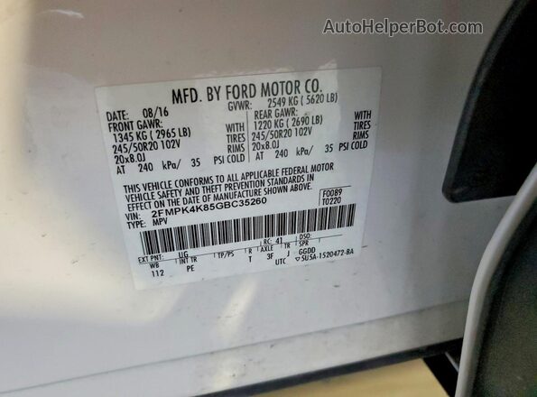 2FMPK4K85GBC35260 2016 FORD EDGE White Вид наклейки з VIN-кодом