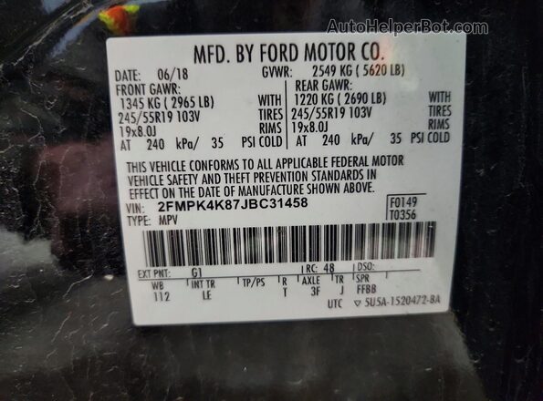 2FMPK4K87JBC31458 2018 FORD EDGE Black VIN კოდის სტიკერის ხედი
