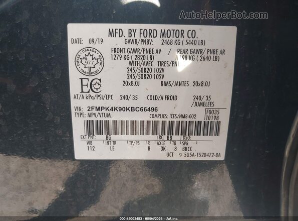 2FMPK4K90KBC66496 2019 FORD EDGE Gray Widok komory silnika
