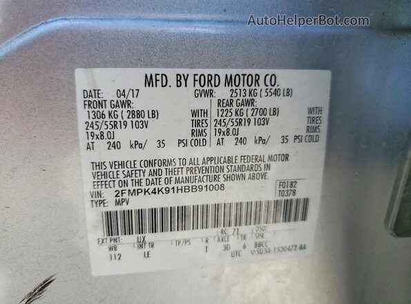 2FMPK4K91HBB91008 2017 FORD EDGE Серебряный Вид наклейки с VIN-кодом