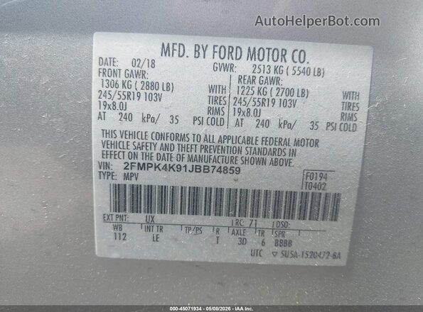 2FMPK4K91JBB74859 2018 FORD EDGE Серебряный Вид подкапотного пространства