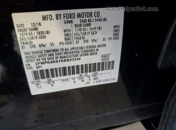 2FMPK4K91KBB53334 2019 FORD EDGE Black Widok naklejki z numerem VIN