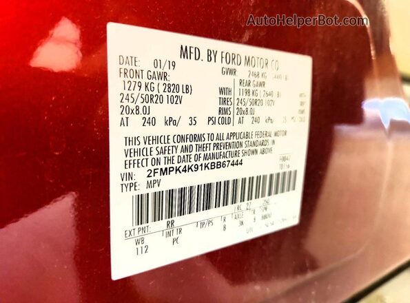 2FMPK4K91KBB67444 2019 FORD EDGE Красный Панорамный вид салона 360°