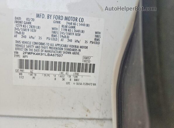 2FMPK4K91LBA67507 2020 FORD EDGE Белый Вид наклейки с VIN-кодом
