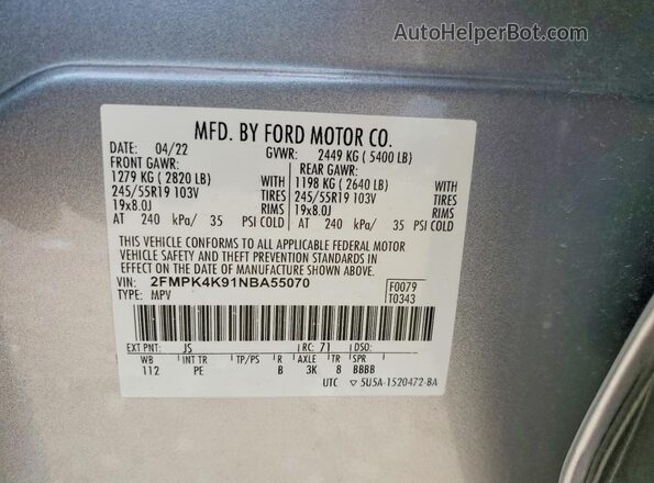 2FMPK4K91NBA55070 2022 FORD EDGE Silver Widok naklejki z numerem VIN