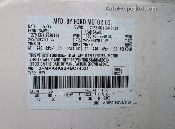 2FMPK4K92KBC74521 2019 FORD EDGE Белый Вид подкапотного пространства