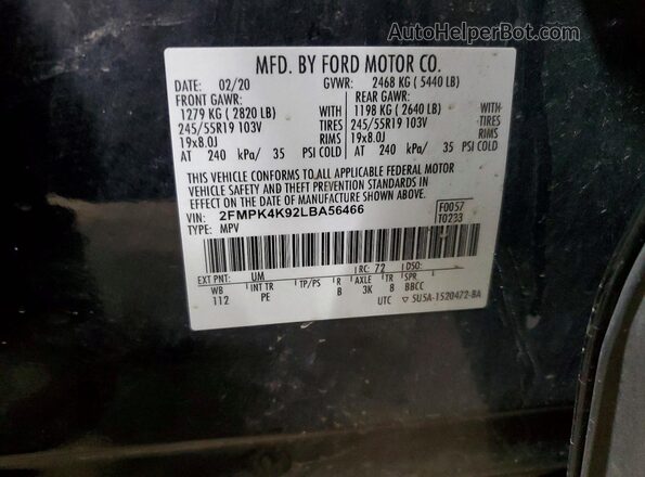 2FMPK4K92LBA56466 2020 FORD EDGE Black Vista interior de 360 grados
