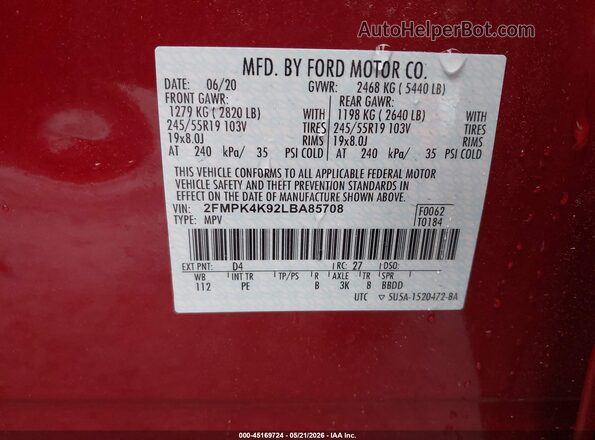 2FMPK4K92LBA85708 2020 FORD EDGE Red Widok komory silnika