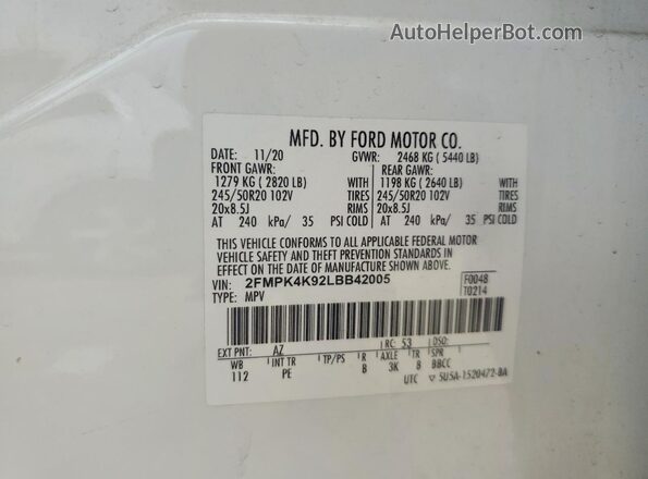 2FMPK4K92LBB42005 2020 FORD EDGE White Widok naklejki z numerem VIN